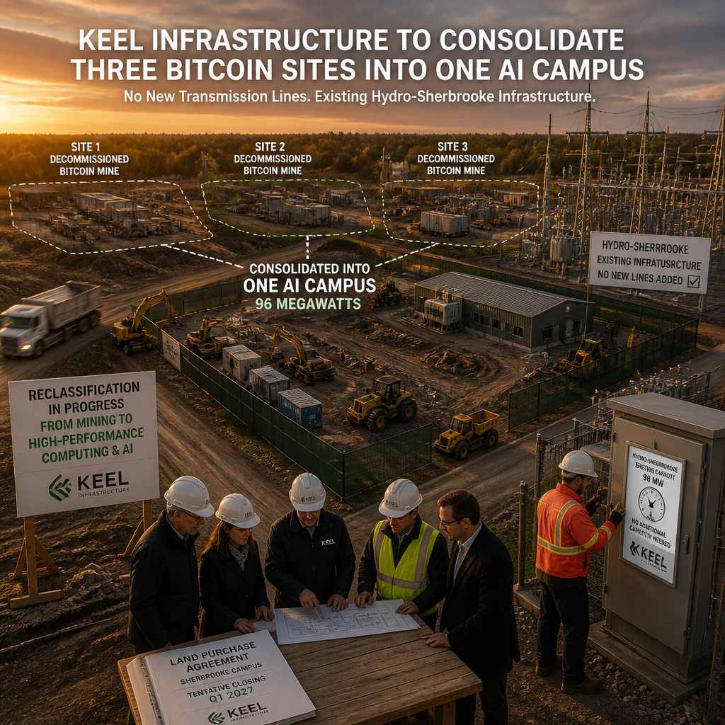 Keel konsolidiert drei Bitcoin‑Mining‑Sites zu einem 96‑MW AI‑Campus in Sherbrooke