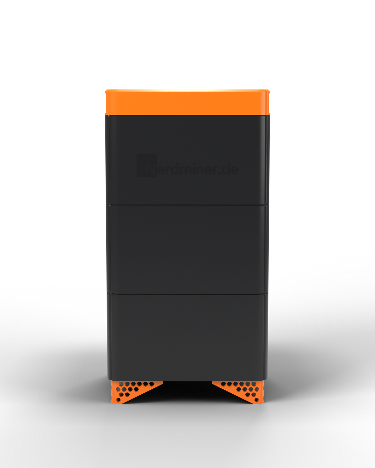 NerdHeizung Bitcoin-Heizung in Schwarz mit orangem Deckel – Frontansicht